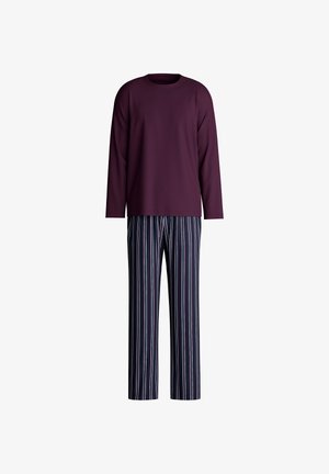 Long-sleeve, dark purple top paired with navy and white striped pants. Soft material, relaxed fit, with a classic round neckline.