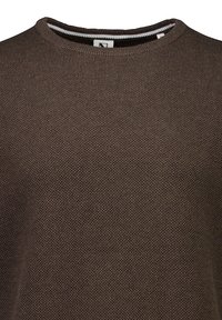 Ruskea neulepaita, jossa on pyöreä kaula-aukko ja teksturoitu kangas. Sisältää hienovaraisen kuvion ja erottuvan valkoisen raidan kauluksessa.