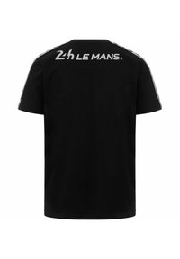 Zwart T-shirt met korte mouwen, een ronde hals en een wit "2h LE MANS" logo op de achterkant, met patroonaccenten op de schouders.