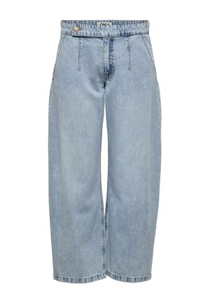 Jean denim bleu clair à jambes larges avec taille haute, bouton avant et poches latérales.