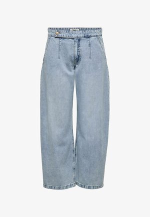 Jean denim bleu clair à jambes larges avec taille haute, bouton avant et poches latérales.