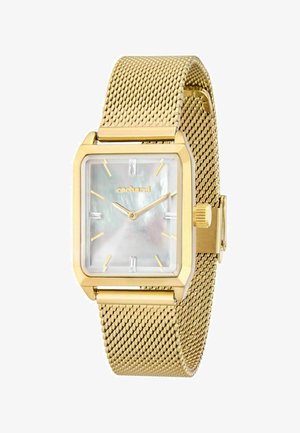 Gold-tone rectangular wristwatch with mesh band, mother-of-pearl face, gold hour markers, and two gold hands showing 10:10.