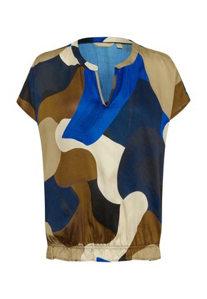 Blouse à manches courtes dans des motifs mélangés de bleu, marron et crème. Présente un décolleté rond et un ourlet froncé pour une coupe décontractée.