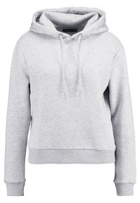 Sweat à capuche en coton gris avec capuche à cordon, manches longues, et poignets et ourlet côtelés. Présente une texture douce et une coupe décontractée.