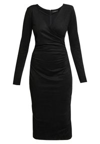 Schwarzes langärmliges Kleid mit Wickeldesign, aus glattem Stoff gefertigt. Ausgestattet mit einem tiefen V-Ausschnitt und einem verdeckten Reißverschluss auf der Rückseite.