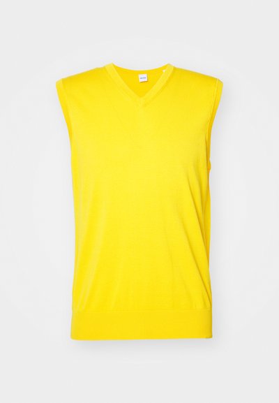 Yellow sleeveless sweater with a V-neck design, made of soft fabric. Features a ribbed hem and smooth texture, suitable for warm weather.