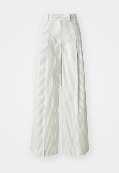 Pantalons palazzo en vert clair avec des rayures blanches verticales. Dotés d'une taille haute, de passants de ceinture et d'une texture en coton douce.