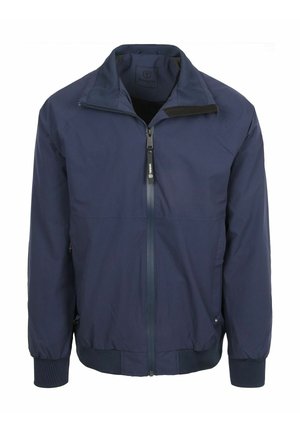 Marineblauwe jas met ritssluiting, opstaande kraag, elastische boorden en zoom, weergegeven op een witte achtergrond zonder model.