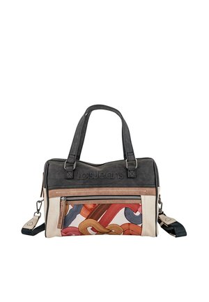 Bolso de mano negro y beige con detalles estampados en rojo, naranja y azul. Cuenta con dos asas superiores y una correa de hombro ajustable.
