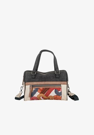 Bolso de mano negro y beige con detalles estampados en rojo, naranja y azul. Cuenta con dos asas superiores y una correa de hombro ajustable.