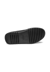 Suela de zapato negra con una superficie lisa, múltiples ranuras horizontales y una punta redondeada. Logotipo "ara" grabado cerca de la zona del talón.