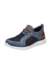 Sneaker pour homme en mesh bleu et cuir, avec un accent en cuir beige, une semelle blanche et des lacets orange. Bout arrondi et design de semelle rembourrée.