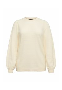 Pull à texture crème avec des manches longues bouffantes, un col rond, et un motif de lignes horizontales et verticales.