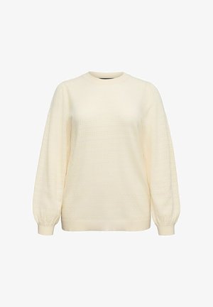 Kremfarvet tekstureret trøje med lange, puffede ærmer, rund halsudskæring og et mønstret design af vandrette og lodrette linjer.
