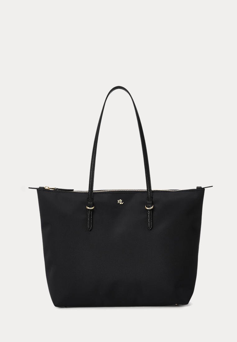 Sac cabas noir avec longues lanières en cuir, fermeture éclair dorée et petit logo doré RLL centré sous la fermeture éclair.