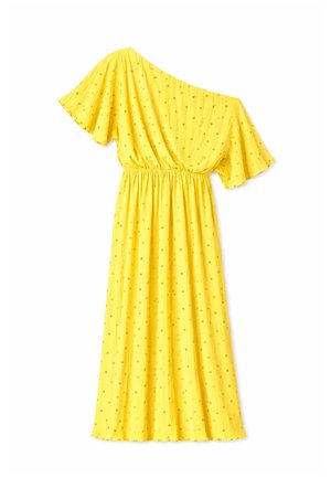 Geltona viena petnešėlė su trumpu vėduoklės tipo rankovėliu, elastinga juosmens juosta ir mažais taškeliais, kelių ilgio, lengvos medžiagos.