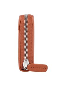 Bifold-Brieftasche mit einem strukturierten, orangen Lederaußenmaterial, silbernem Reißverschluss und einer Stoffauskleidung, ausgestattet mit einem kleinen Ledergriff.
