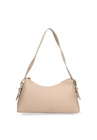 Borsa a tracolla in pelle beige con forma curva, una singola tracolla e chiusura con zip. Presenta una texture sottile e dettagli in metallo color oro.