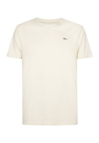 Effen off-white katoenen t-shirt met korte mouwen en een klein zwart "Petrol" logo op de linkerborst.