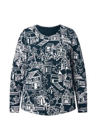 Langarmshirt aus navyfarbigem Stoff mit weißen skizzierten Häusern, Bäumen und Landschaften, runder Ausschnitt und lockere Passform.