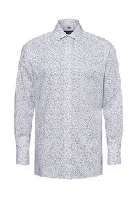 Langarmshirt met een lichtblauw en wit bloemenpatroon, gemaakt van zachte stof. Beschikt over een klassieke kraag en een knoopsluiting aan de voorkant.