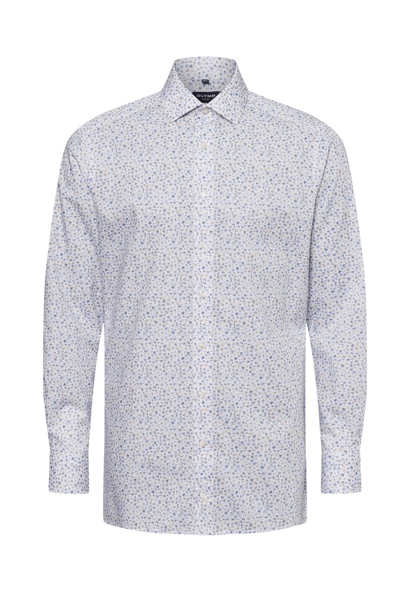 Langarmshirt met een lichtblauw en wit bloemenpatroon, gemaakt van zachte stof. Beschikt over een klassieke kraag en een knoopsluiting aan de voorkant.