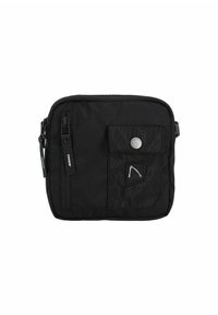 Black nylon crossbody bag with a front pocket, zip closure, and a circular metal button. Features a small logo accent on the front.