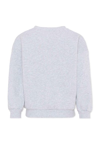 Sweat-shirt gris clair à manches longues avec col rond, poignets et ourlet côtelés, présenté de dos sur un fond blanc.