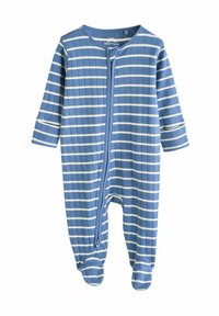 Combinaison pour bébé à rayures bleues en tissu côtelé, dotée de manches longues, d'une fermeture éclair à l'avant et de pieds enveloppés.