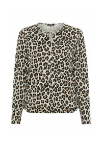 Leopardenmuster Langarmbluse in Creme, Schwarz und Braun. Mit Rundhalsausschnitt und einem kleinen Schlüssellochdetail. Locker geschnitten. Weicher Stoff.