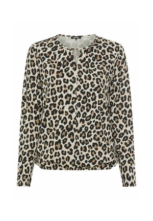 Leopardenmuster Langarmbluse in Creme, Schwarz und Braun. Mit Rundhalsausschnitt und einem kleinen Schlüssellochdetail. Locker geschnitten. Weicher Stoff.
