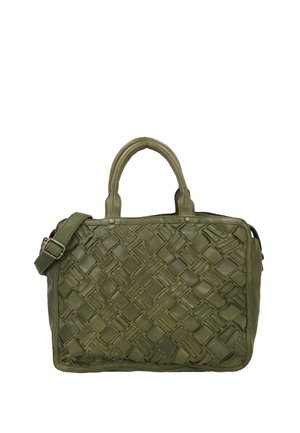 Olivgrüne rechteckige Handtasche mit geflochtenem Lederdesign, zwei oberen Griffen und verstellbarem Schulterriemen mit Metallschnalle.