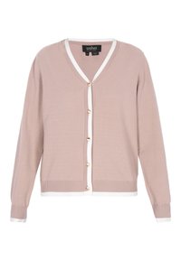 Világos rózsaszín kardigán V-nyakkivágással, fehér szegéllyel és arany gombokkal az elülső részen. Bordázott szegély és mandzsetták textúrát adnak. Hosszú ujjú.