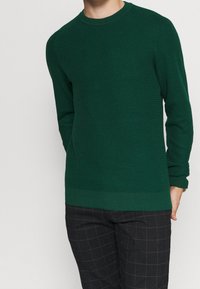 Homme portant un pull texturé à manches longues vert foncé avec un col rond et un pantalon à carreaux foncé, debout devant un fond clair uni.