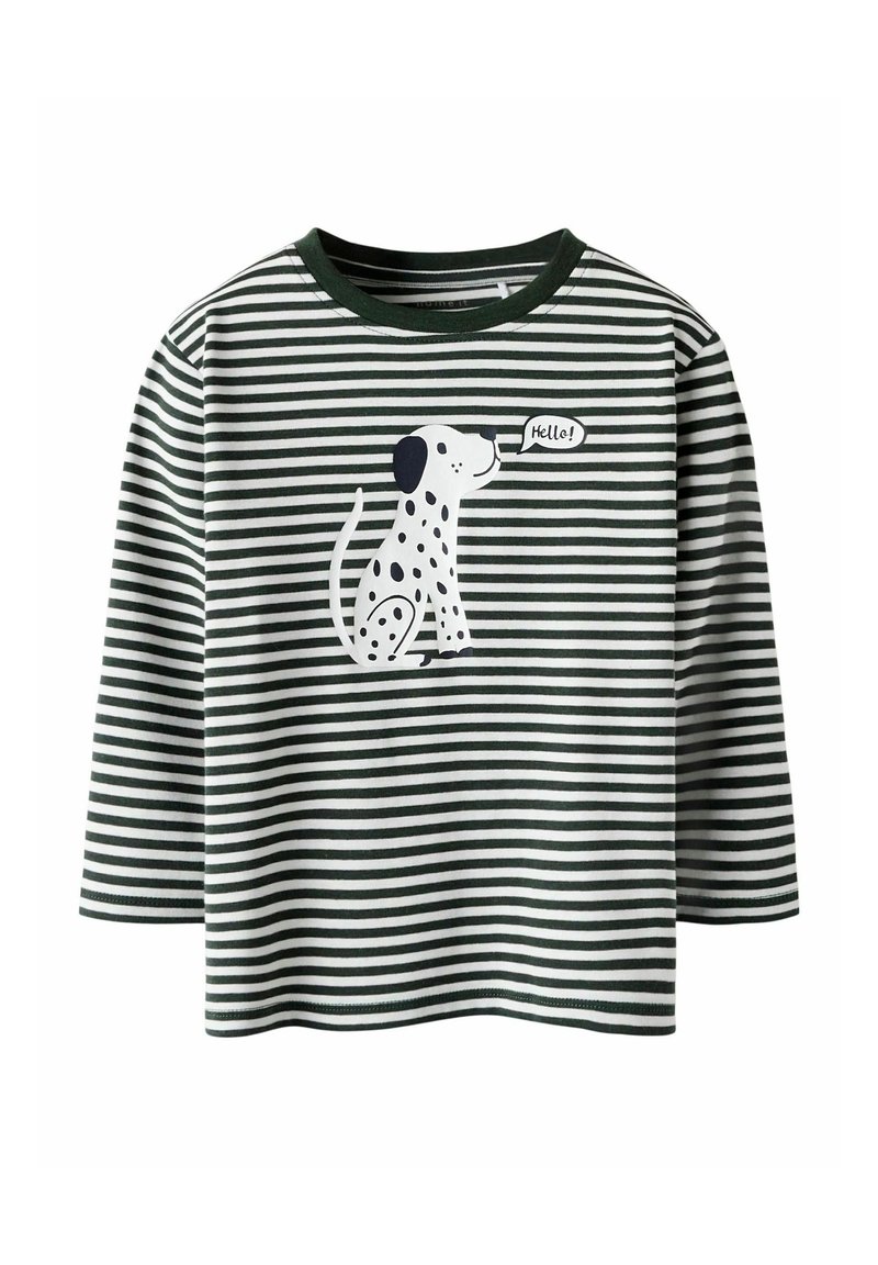 Zielona i biała koszula z długim rękawem w paski, z grafiką siedzącego psa w czarne plamy i dymkiem mówiącym "Cześć!".