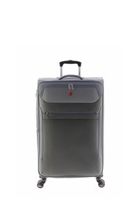 Valigia grigia con ruote, esterno strutturato, tasca frontale con zip e manico retrattile. Dotata di quattro ruote girevoli per una facile mobilità.