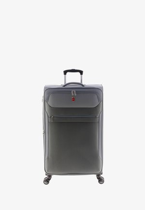 Grijze koffer op wielen met een gestructureerde buitenkant, een ritsvak aan de voorkant en een uitschuifbare handgreep. Voorzien van vier zwenkwielen voor gemakkelijke mobiliteit.