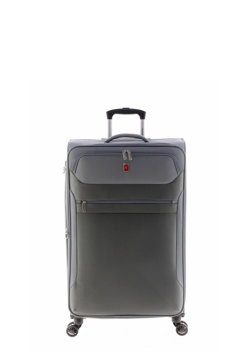 Valigia grigia con ruote, esterno strutturato, tasca frontale con zip e manico retrattile. Dotata di quattro ruote girevoli per una facile mobilità.