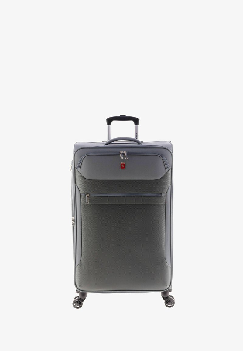 Valigia grigia con ruote, esterno strutturato, tasca frontale con zip e manico retrattile. Dotata di quattro ruote girevoli per una facile mobilità.