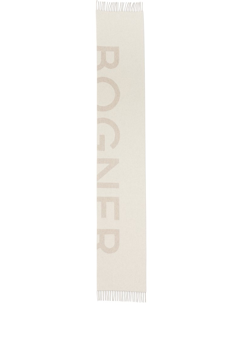 White woven scarf with a large, light beige "BOGNER" text pattern, featuring fringe details at both ends. Soft texture and rectangular shape.