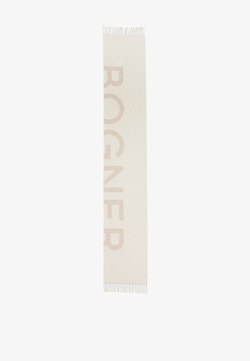 White woven scarf with a large, light beige "BOGNER" text pattern, featuring fringe details at both ends. Soft texture and rectangular shape.