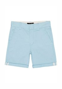 Ljusblå shorts i bomull, med framfickor, rak klippning och vita randiga detaljer på fållen.