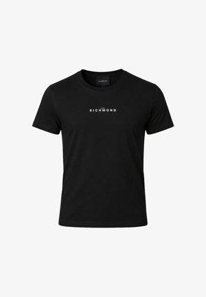 Maglietta nera a maniche corte con scollo a girocollo, con la scritta "JOHN RICHMOND" stampata in bianco al centro del petto.