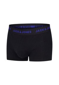 Zwarte boxershorts van katoen, met een blauwe elastische tailleband met de tekst "JACK & JONES". Verder hebben ze een gladde textuur en een aansluitend ontwerp.