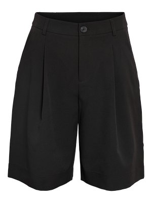 Černé na míru šité kraťasy ke kolenům s knoflíkovým uzávěrem, poutky na opasek a předními záhyby.