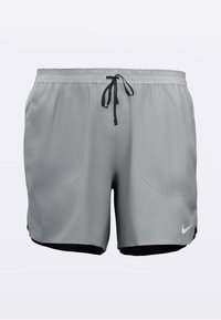 Harmaat juoksushortsit, valmistettu kevyestä materiaalista. Varustettu joustavalla vyötärönauhalla, jossa kiristysnyöri, kahdella etutaskulla ja mustalla sisäkerroksella.