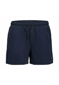 Marineblaue Badeshorts mit elastischem Bund, verstellbarem Kordelzug und kleinem Logo am linken Saum. Glattes, leichtes Material.