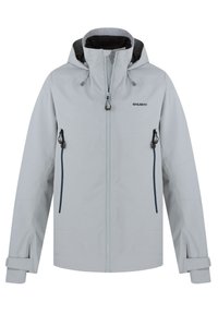 Světle šedá nepromokavá bunda s kapucí, která má dvě diagonální kapsy na zip, nastavitelné manžety a přední zipové zapínání.