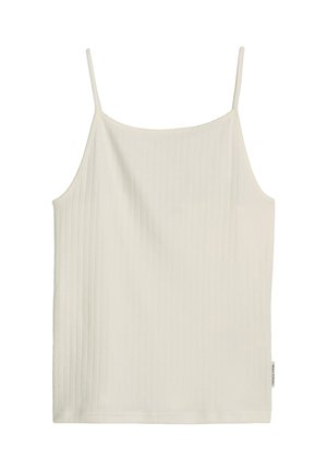 Cremefarbener, gerippter Camisole-Top mit dünnen Schulterriemen und geradem Ausschnitt.