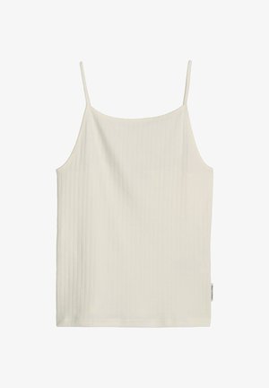 Cremefarbener, gerippter Camisole-Top mit dünnen Schulterriemen und geradem Ausschnitt.